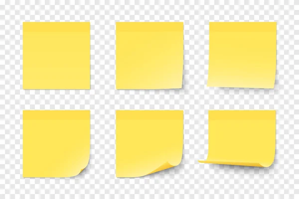 Conjunto Adesivos Papel Amarelo Vetorial Fundo Transparente Seis Notas Adesivas —  Vetores de Stock