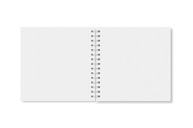Beyaz gerçekçi bir A-5 defteri yumuşak gölgeyle açıldı. Beyaz zemin üzerinde metalik beyaz spiral olan vektör kare boş defter. Yatay hücre düzenleyicisi ya da günlük izole edildi.