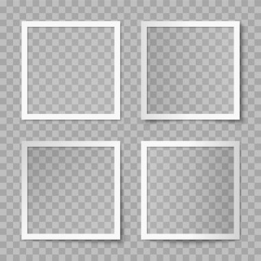 Değişik ışıklandırma efektleri ve şeffaf arkaplanda gölgeler olan beyaz kare fotoğraf çerçevelerinin vektör kümesi. Fotoğraf kartının kopyası