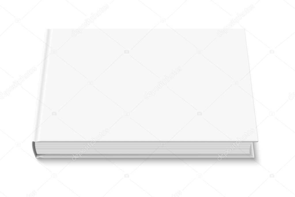 Vector mock up of book with white blank cover isolated. Closed horizontal hardcover book, catalog or magazine mockup on white background. 3d illustration. Diminishing perspective view.