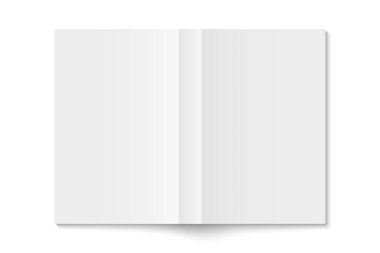 Beyaz karton kapaklı, dikey kitap kapağının vektör modeli izole edildi. Gerçekçi Softcover dergisi, broşür veya kitapçık şablonu beyaz arkaplanda açıldı. 3d illüstrasyon.