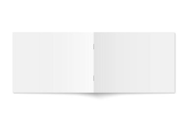 Beyaz karton kapaklı yatay dergi kapağının vektör modeli izole edildi. Beyaz arkaplanda gerçekçi bir softcover kitabı, broşür ya da kitapçık şablonu açıldı. 3d illüstrasyon.
