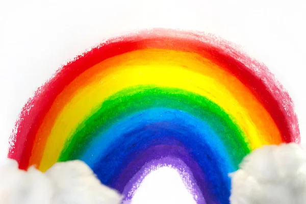 Picture of handpainted by kid rainbow with handmade cotton clouds — Stock Photo, Image