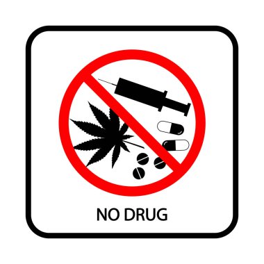 Farklı tipte ilaçlar. Uyuşturucu kullanımını yasaklayan bir imza. Vektör resmi. Halka açık yerlerde kullanılabilir. Set: şırınga, hap, marihuana.