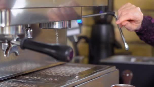 バリスタは、コーヒー マシンに portafilter を接続します。 — ストック動画
