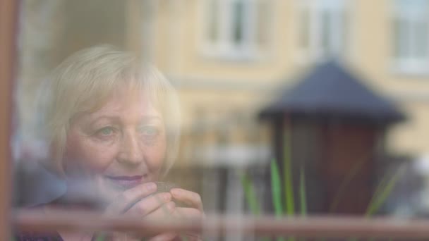 Gyönyörű érett nő kávét iszik az ablak mellett — Stock videók
