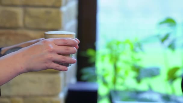 Barista dar uma xícara de café para mulher madura — Vídeo de Stock