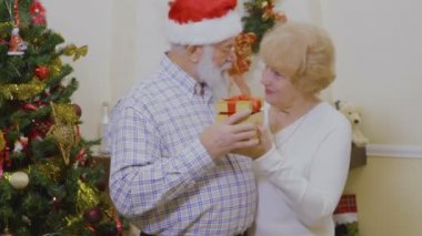 Mutlu yaşlı çift hediyeler Noel ağacı yakınındaki oynamak. Kırmızı santa şapka dedesi karısından sarıl. Mutlu olgun insanlar kış tatil evde birlikte geçirmek.