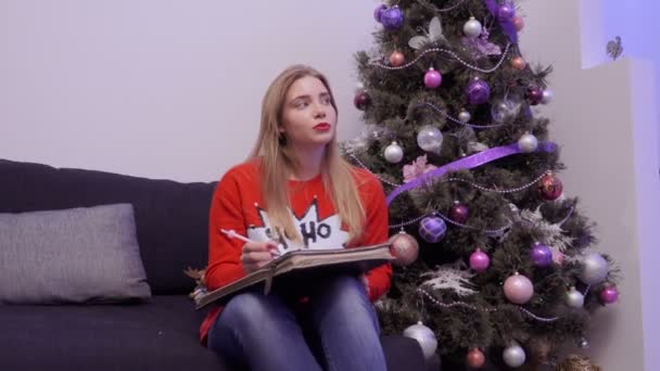 Jong meisje in de rode trui schrijven boodschappenlijstje met Kerstmis — Stockvideo