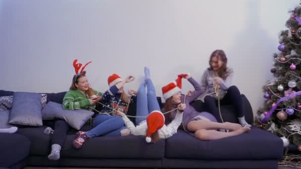 Five Girls Chilling Sofa Play Each Other Young Women Have — Stock Video