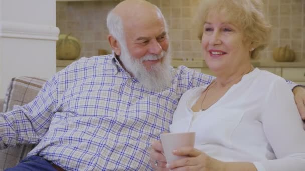 Uomo Anziano Con Donna Anziana Siede Sul Divano Casa Parlando — Video Stock