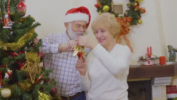 幸せな老夫婦は おもちゃでクリスマス ツリーを飾る 女性と男性一緒に非常に満足しているし 家で年末年始を過ごす — ストック動画