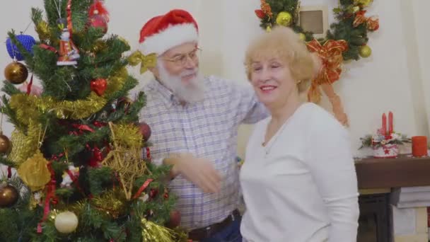 Felice Vecchia Coppia Decorare Albero Natale Con Giocattoli Donna Uomo — Video Stock