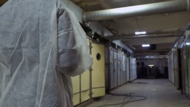 在家禽饲养场的孵化器中, 带小鸭走过走廊的督察 — 图库视频影像