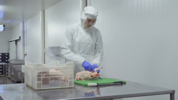 Работник мастерской вырезает свежую утку — стоковое видео
