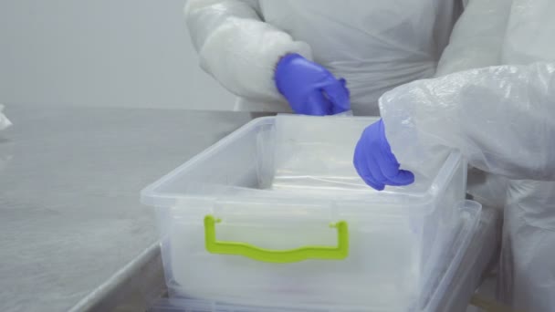 两名工人将鲜生鸭肉包装成真空包装 — 图库视频影像