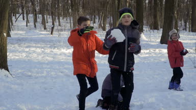 Dört küçük kardeş ağır çekimde kış Park kartopu oynamak
