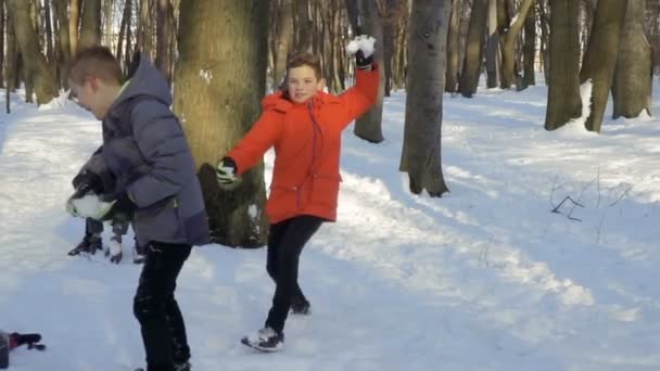 Los niños juegan en el parque de invierno, cámara lenta — Vídeos de Stock