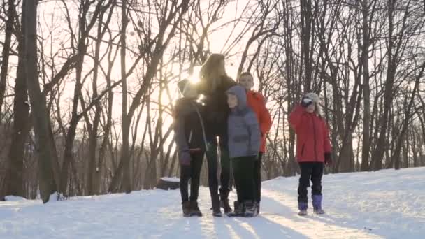 Madre con hijos saludando con las manos a la cámara en el parque de invierno — Vídeos de Stock