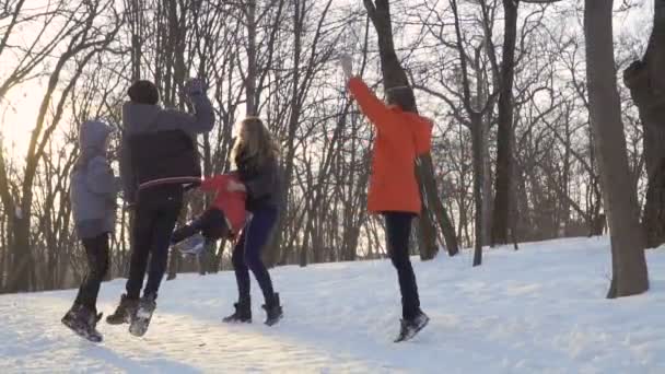 Matka se bavit s syny v zimě parku, pomalý pohyb — Stock video