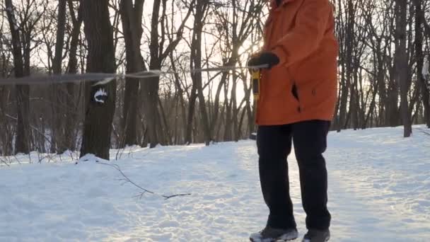 Donna irriconoscibile passeggiata con bellissimo cane samoyed bianco nel parco invernale — Video Stock