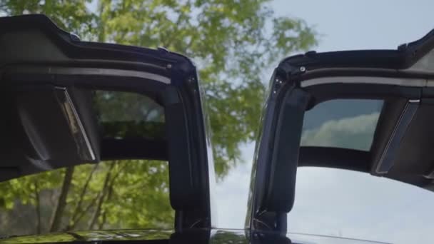 关上电动车自动门对绿树蓝天 — 图库视频影像