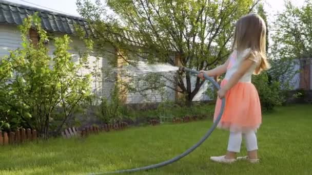 ドレスの美しい少女は 草や茂みのホースから水します 愛らしい子が庭の仕事と彼女の両親を助ける — ストック動画