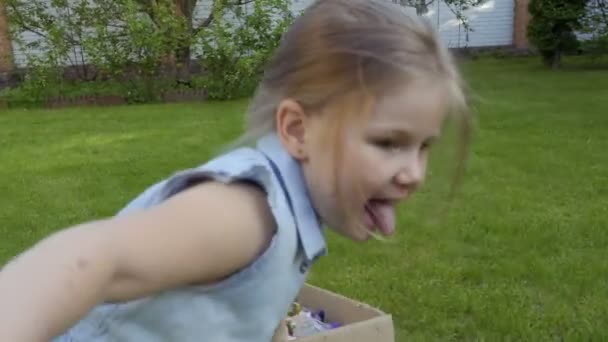 Menina Bonito Puxar Caixa Papelão Com Petúnia Grama Jardim Criança — Vídeo de Stock