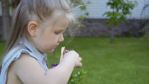 Menina Bonito Com Cesta Flores Jardim Criança Adorável Explorar Ambiente — Vídeo de Stock