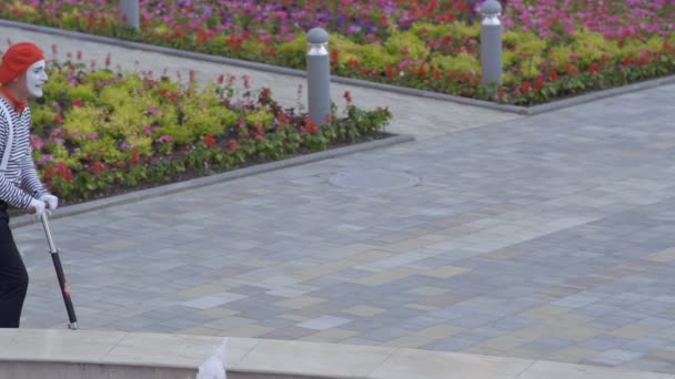 킥 스쿠터와 한순간 손으로 서 있는 빨간 베 레모에 mime — 비디오