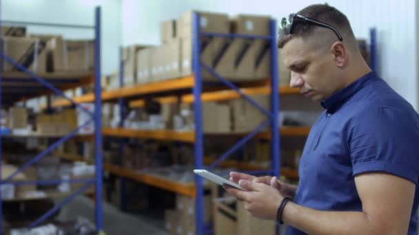 Inspecteur utiliser tablette dans l'entrepôt à fond flou des étagères avec des produits — Video