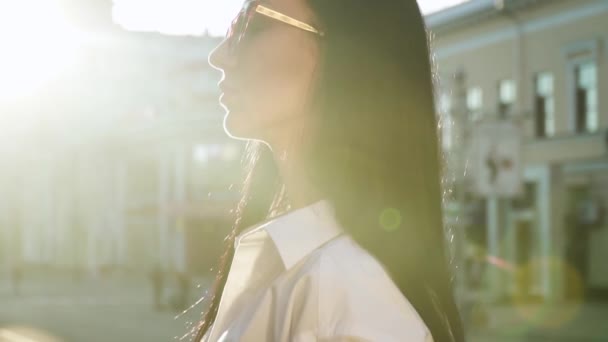 Elegância morena em óculos de sol contra o sol — Vídeo de Stock