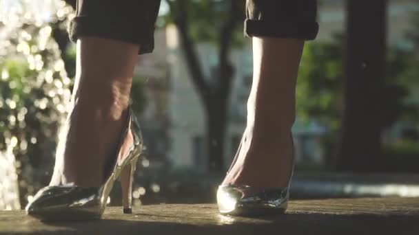 Vrouw in elegante zilveren schoenen permanent in de buurt van fontein — Stockvideo