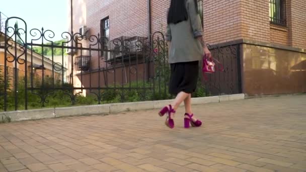 Mujer joven de moda caminando en la calle en cámara lenta — Vídeo de stock