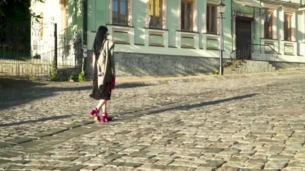 Mujer glamurosa con bolsa rosa y zapatos de moda caminando en la calle de piedra en la ciudad — Vídeos de Stock