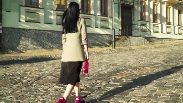 Zelfverzekerde en stijlvolle brunette wandelen op stenen weg in de stad in slow motion — Stockvideo