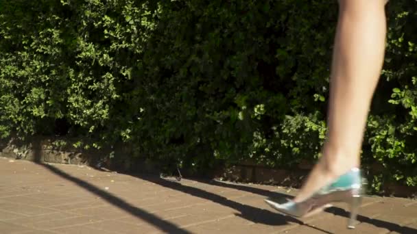 Kvinna med smala ben silver skor på höga klackar promenader nära gröna bush — Stockvideo