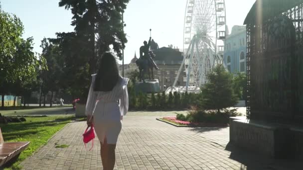 Elegante vrouw wandelen in prachtige ochtend park in slow motion — Stockvideo