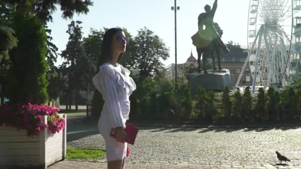 Prachtige vrouw in modieuze kleding geniet van een stilte in ochtend zomer park — Stockvideo