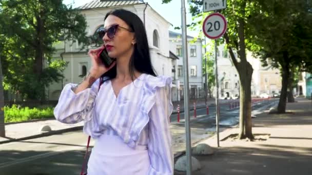 Bruna elegante in occhiali da sole in piedi sulla strada urbana e parlare al telefono — Video Stock