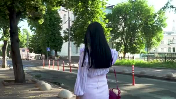 Стильна жінка з довгим волоссям розмовляє по телефону, ходячи по міській вулиці — стокове відео