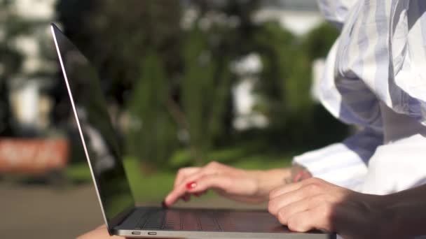 Femme d'affaires travaillant sur un ordinateur portable assis sur un banc dans le parc — Video