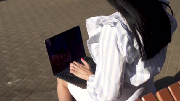 Brunete maskinskrivning på laptop sitter på en bänk i parken — Stockvideo