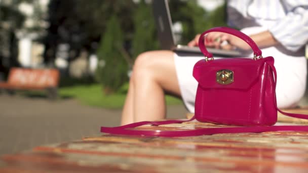 Женщина закрывает ноутбук, берёт розовую сумку со скамейки в парке и уходит. — стоковое видео