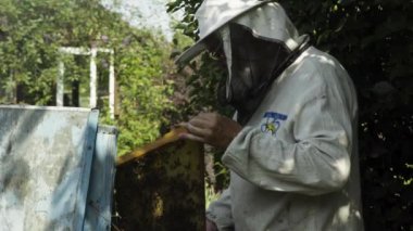 Bekeeper koruyucu şapka ve peçe peteğin arılar ile inceler