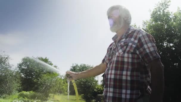 Senior mannen vatten sommarträdgård med slang — Stockvideo