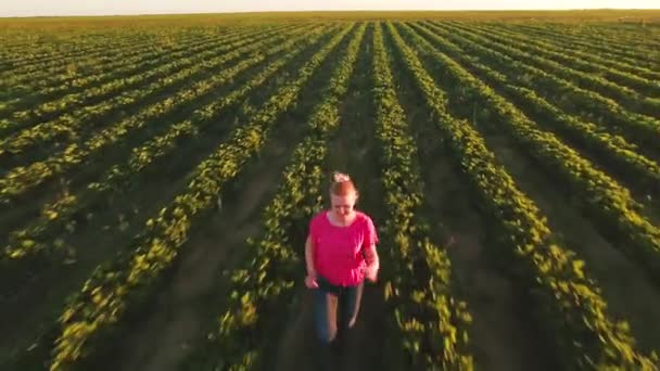 Gelukkig zorgeloos jong meisje actief aardbei veld onder rijen met struiken — Stockvideo