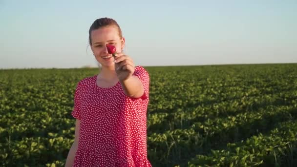 Leende flicka med läcker röd jordgubbe utmärker på plantation — Stockvideo