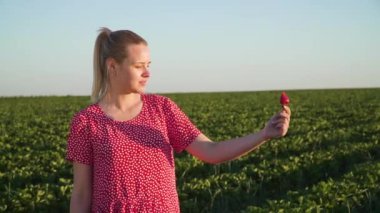 Çilek çilek ekimi arka plan elinde tutan genç kız