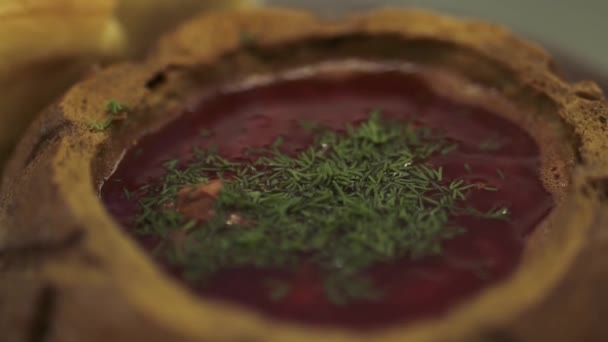 Cook versieren borsch met een groen in slow motion — Stockvideo